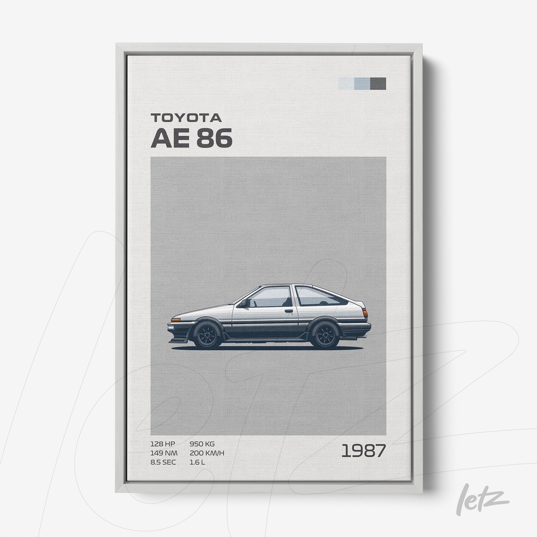 framed artwork featuring the toyota ae86 car illustration in light gray frame