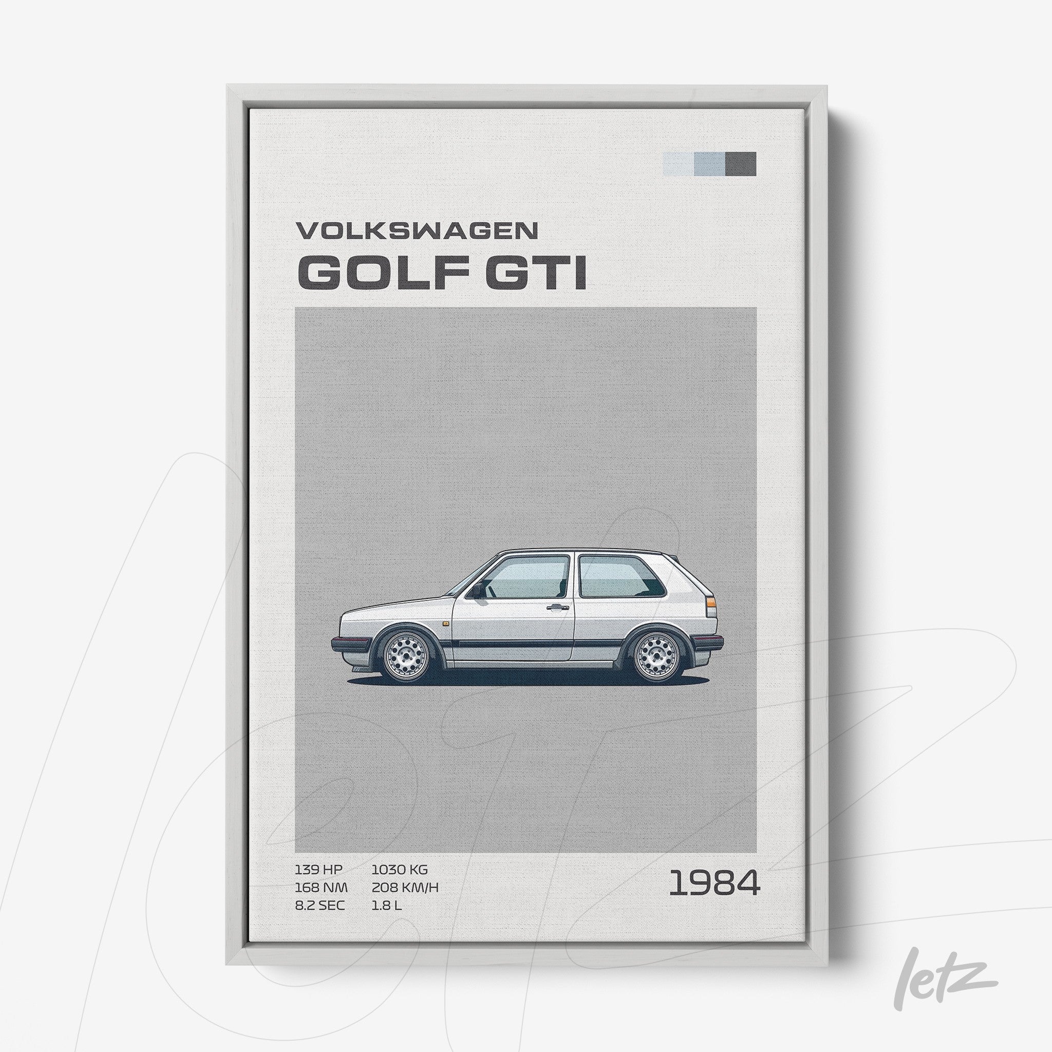 framed digital art of 1984 Volkswagen Golf GTI with light gray frame