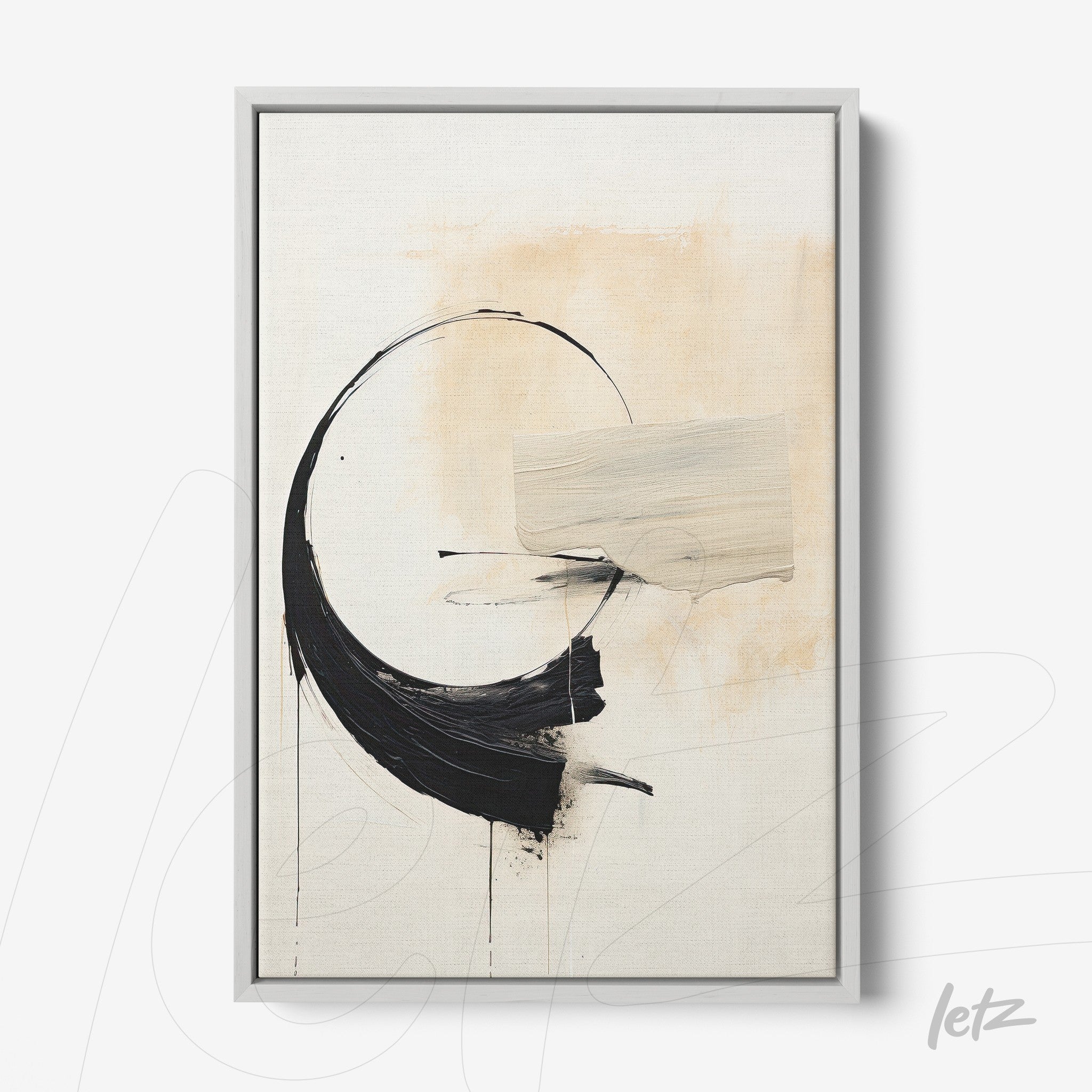 abstract wall art featuring black brush strokes on light background with silver frame
