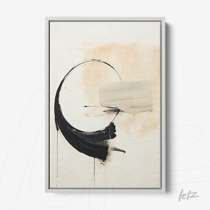 abstract wall art featuring black brush strokes on light background with silver frame