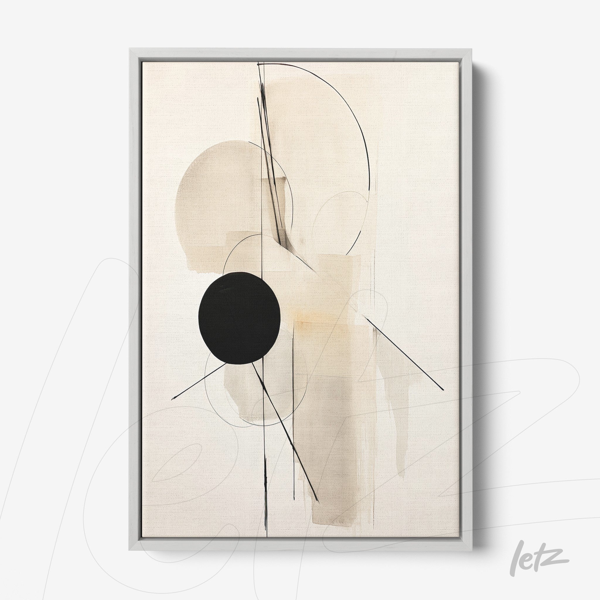 contemporary wall art featuring abstract composition in neutral tones with a black circle in a light gray frame