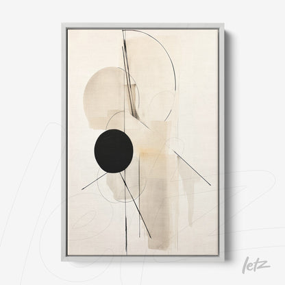 contemporary wall art featuring abstract composition in neutral tones with a black circle in a light gray frame