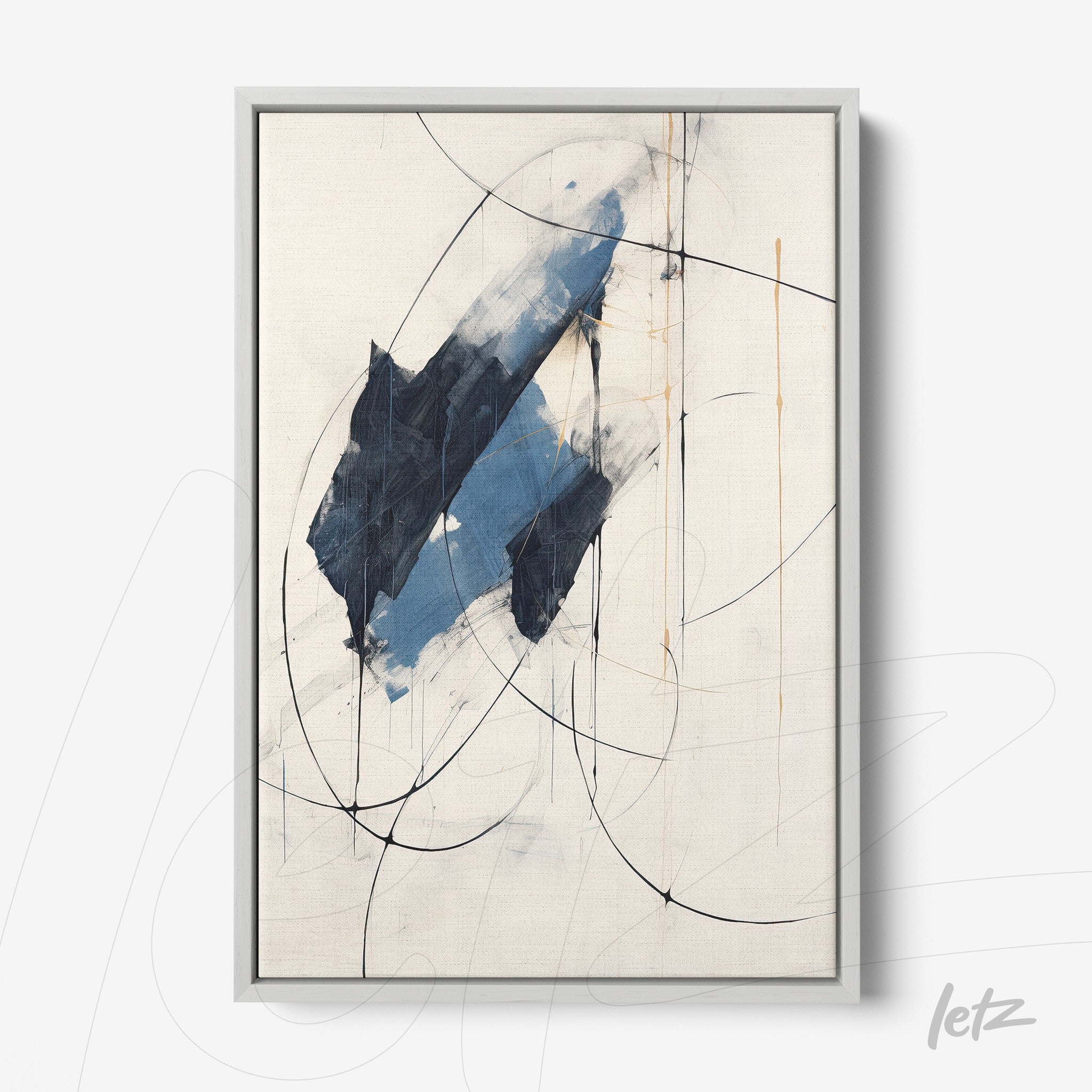 abstract art piece in shades of blue on a light background with silver frame
