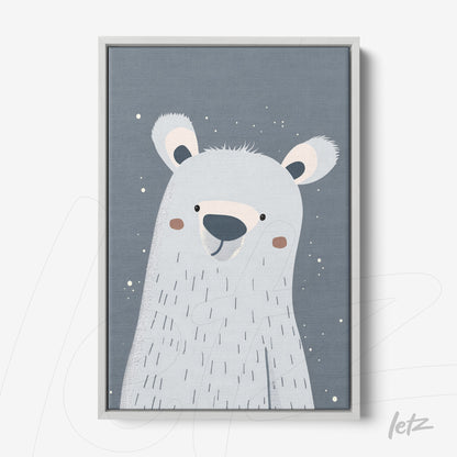 framed illustration of a polar bear on a gray-blue background with white frame
