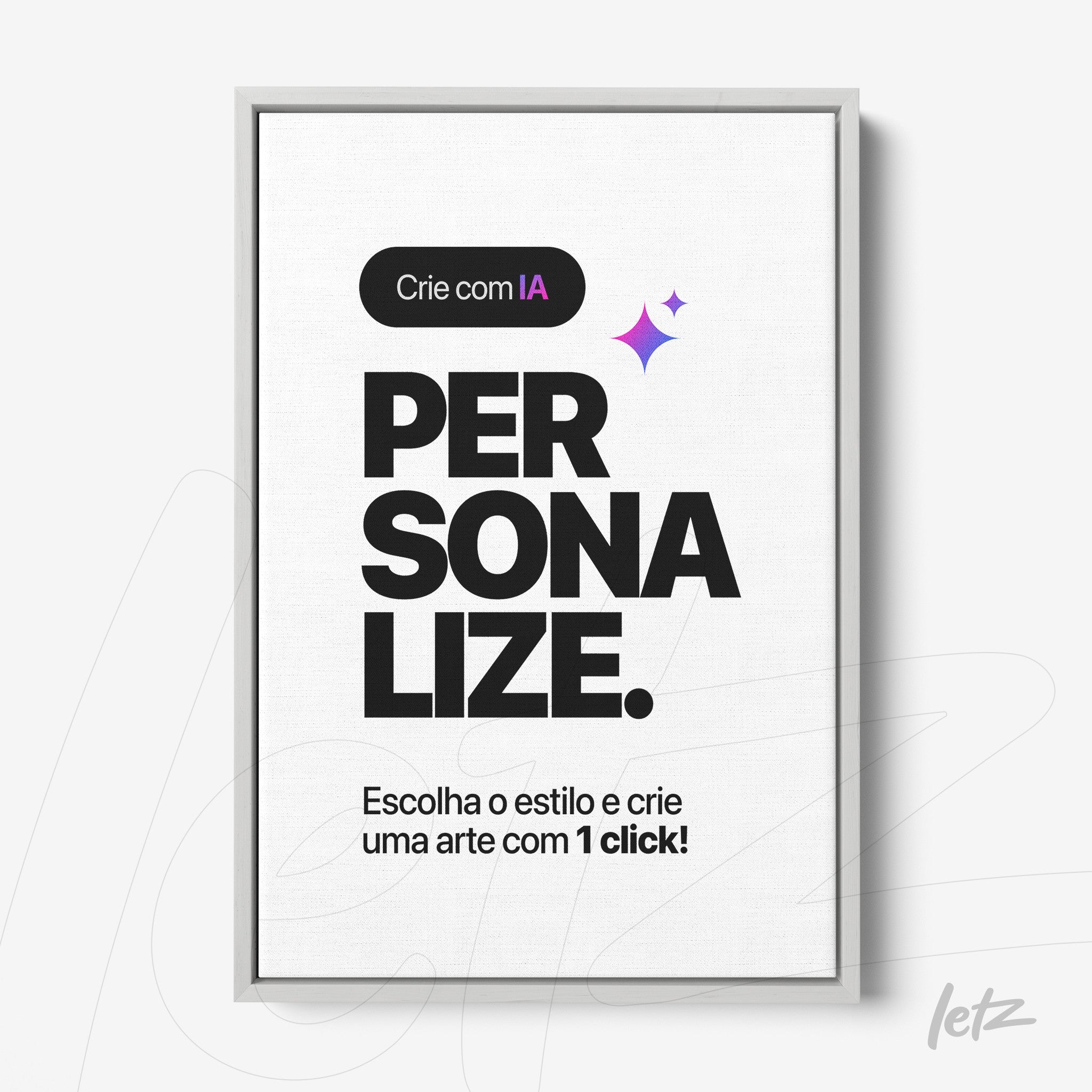 framed wall art featuring the phrase 'Create with AI PERSONALIZE' in large bold letters with light gray frame