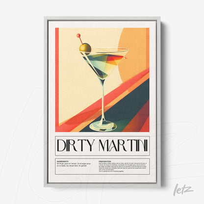 retro style framed art of a dirty martini cocktail in gray frame