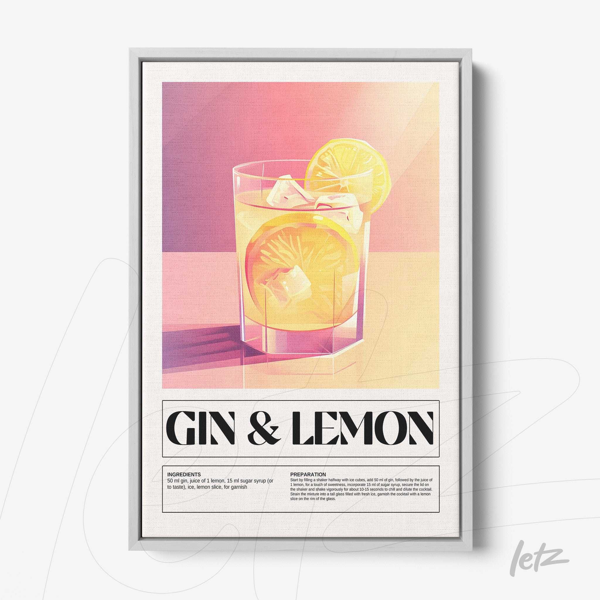 framed wall art featuring a stylized gin and lemon drink illustration with silver frame