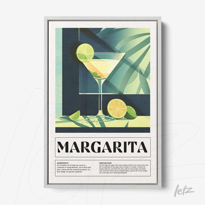 retro style framed art of margarita cocktail with lime and leaves in the background