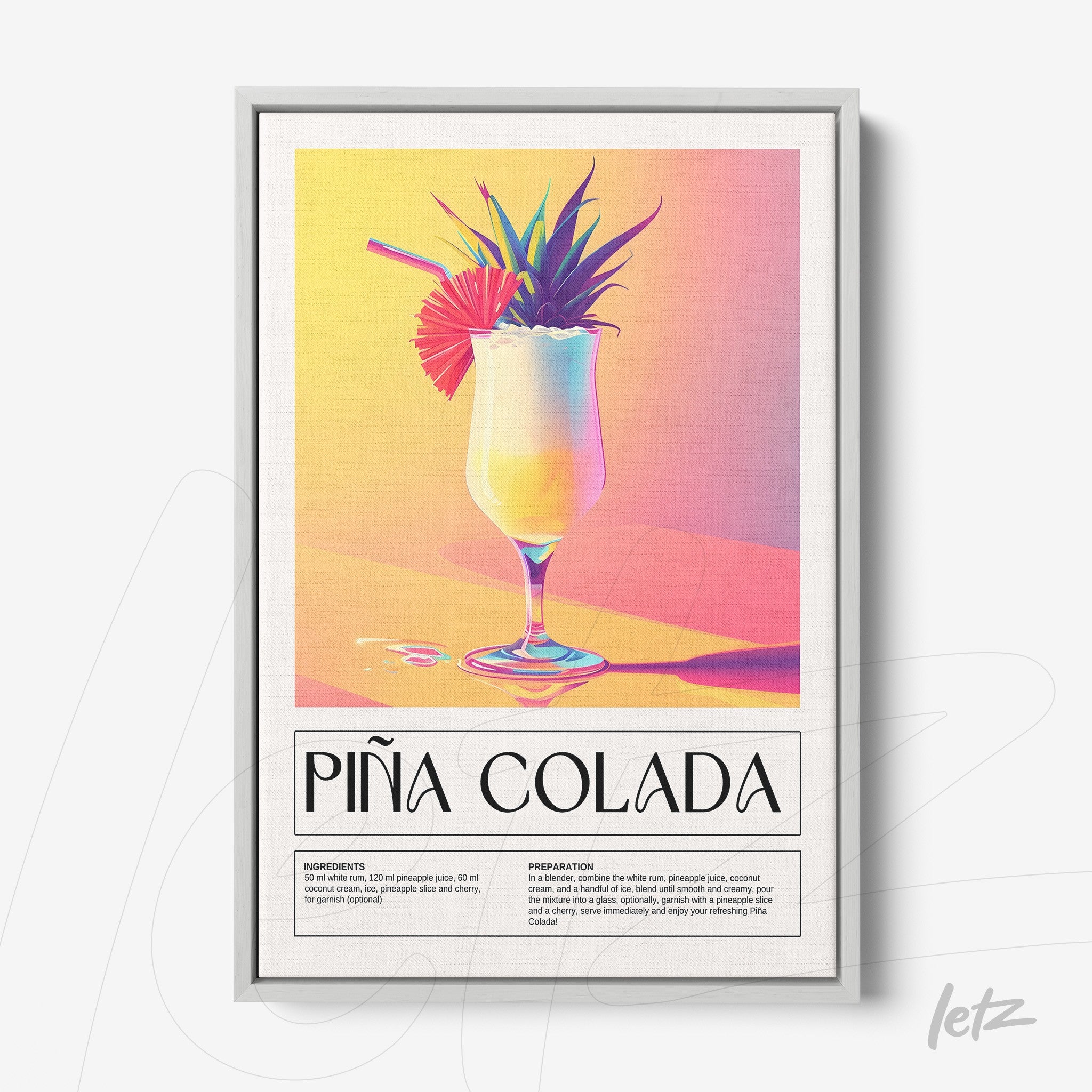 framed digital art of piña colada cocktail with colorful background and silver frame