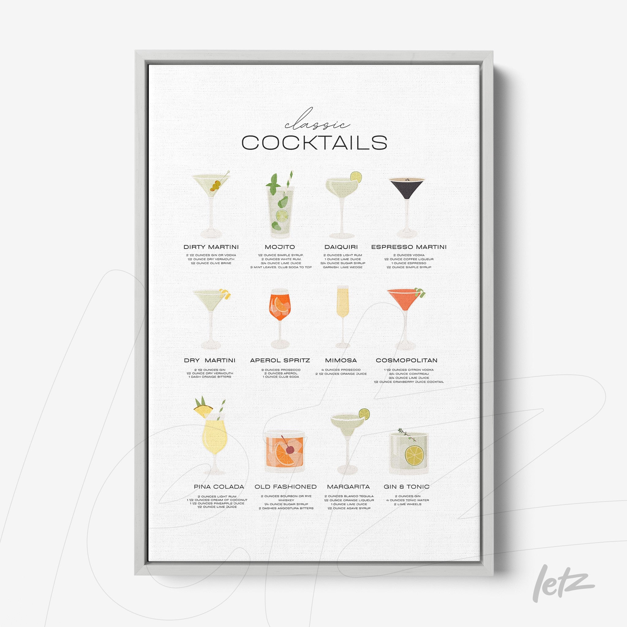 framed wall art featuring illustrations of classic cocktails with a silver frame