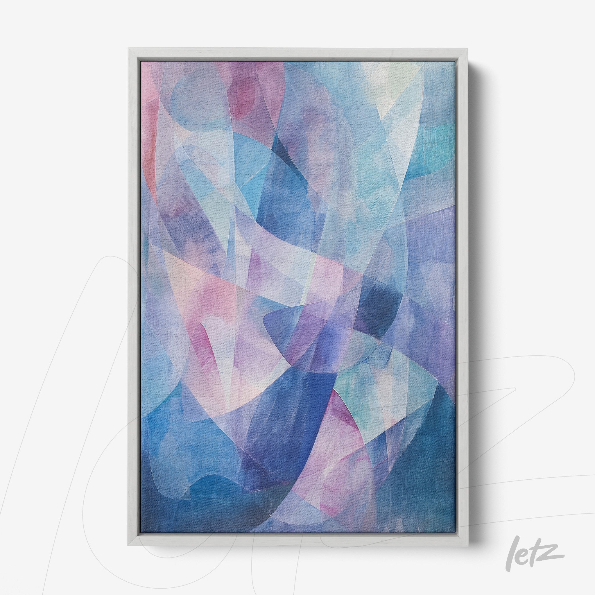 framed abstract artwork with fluid shapes in shades of blue, pink and lilac