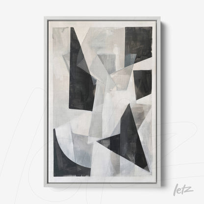 abstract wall art featuring gray tones and prominent geometric shapes with a white frame