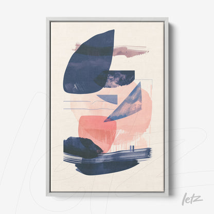 abstract wall art in shades of pink and blue with light silver frame