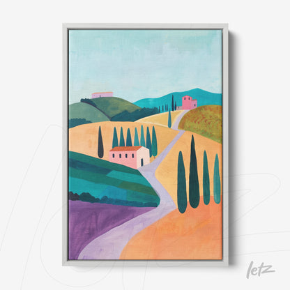 canvas painting featuring a colorful rural landscape with green hills, cypress trees, and pink houses in a modern style with light gray frame