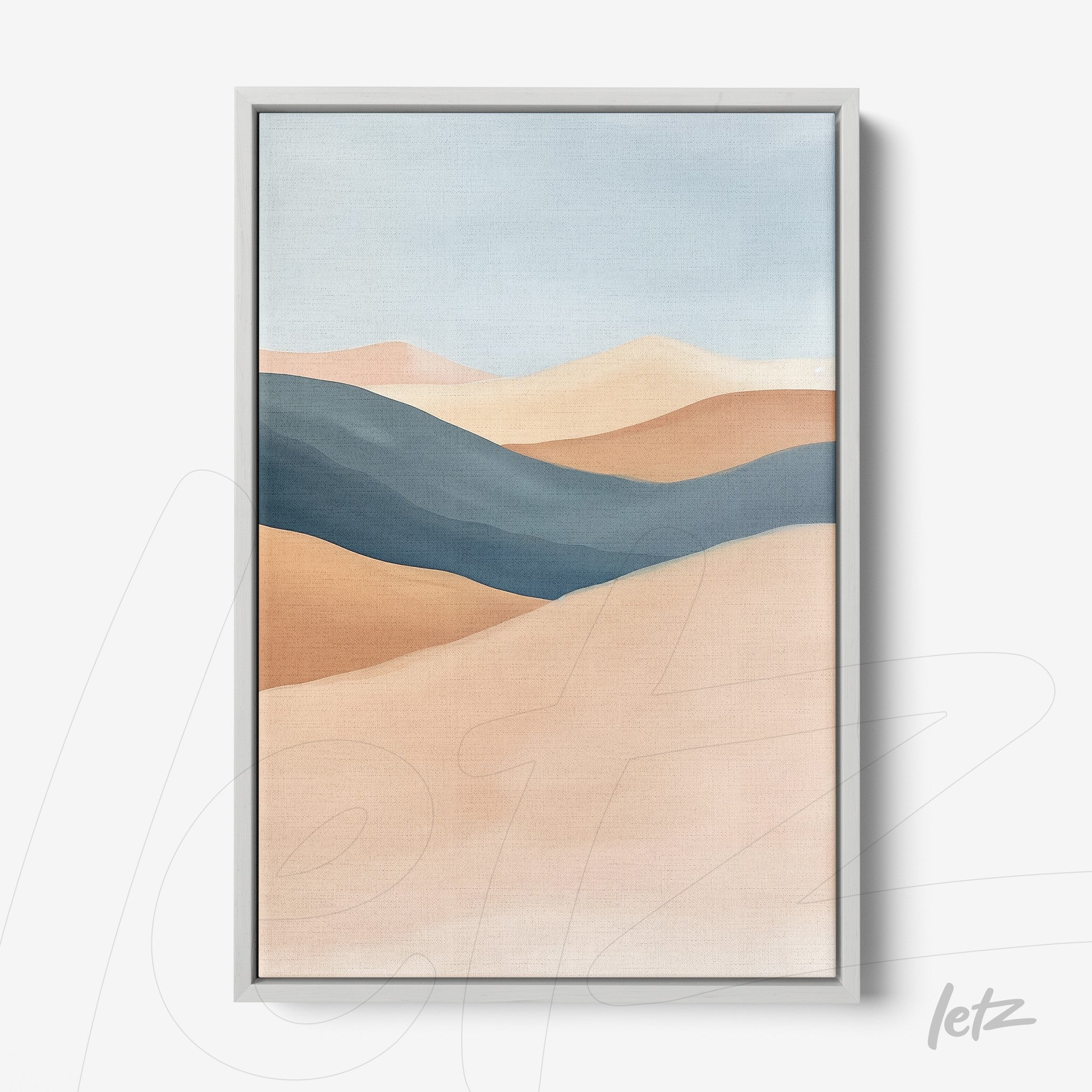 abstract landscape framed art in earthy and blue tones with silver frame