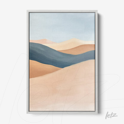 abstract landscape framed art in earthy and blue tones with silver frame