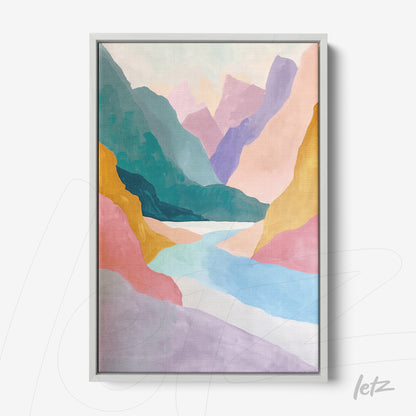 abstract landscape wall art featuring mountains in soft pastel colors with a silver frame
