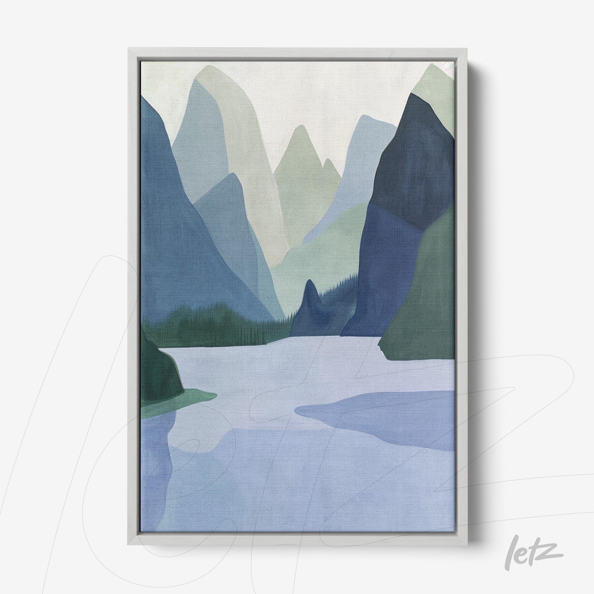 framed abstract art of a mountainous landscape in silver frame