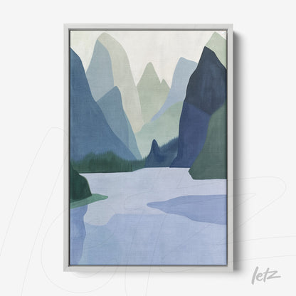 framed abstract art of a mountainous landscape in silver frame