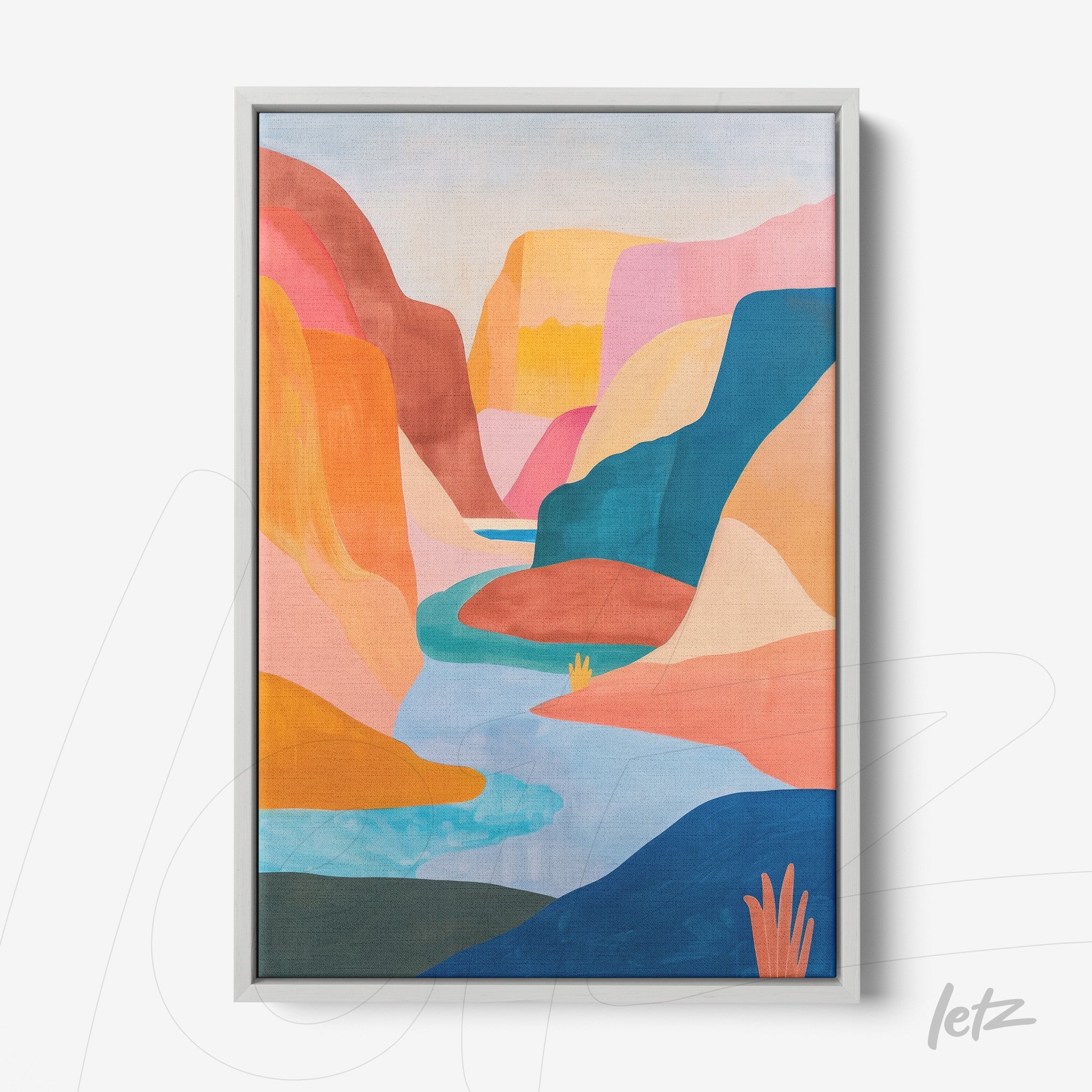 canvas art featuring an abstract canyon landscape with colorful mountains and a river in silver frame