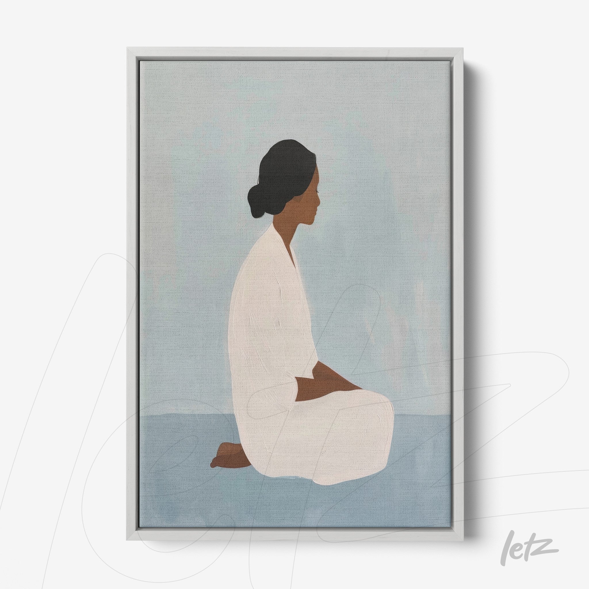 canvas print featuring a female figure seated in a contemplative pose against a light blue background with a light gray frame
