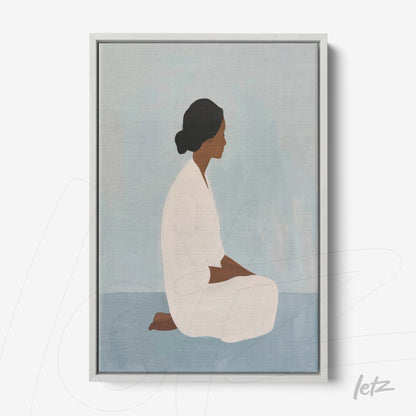 canvas print featuring a female figure seated in a contemplative pose against a light blue background with a light gray frame