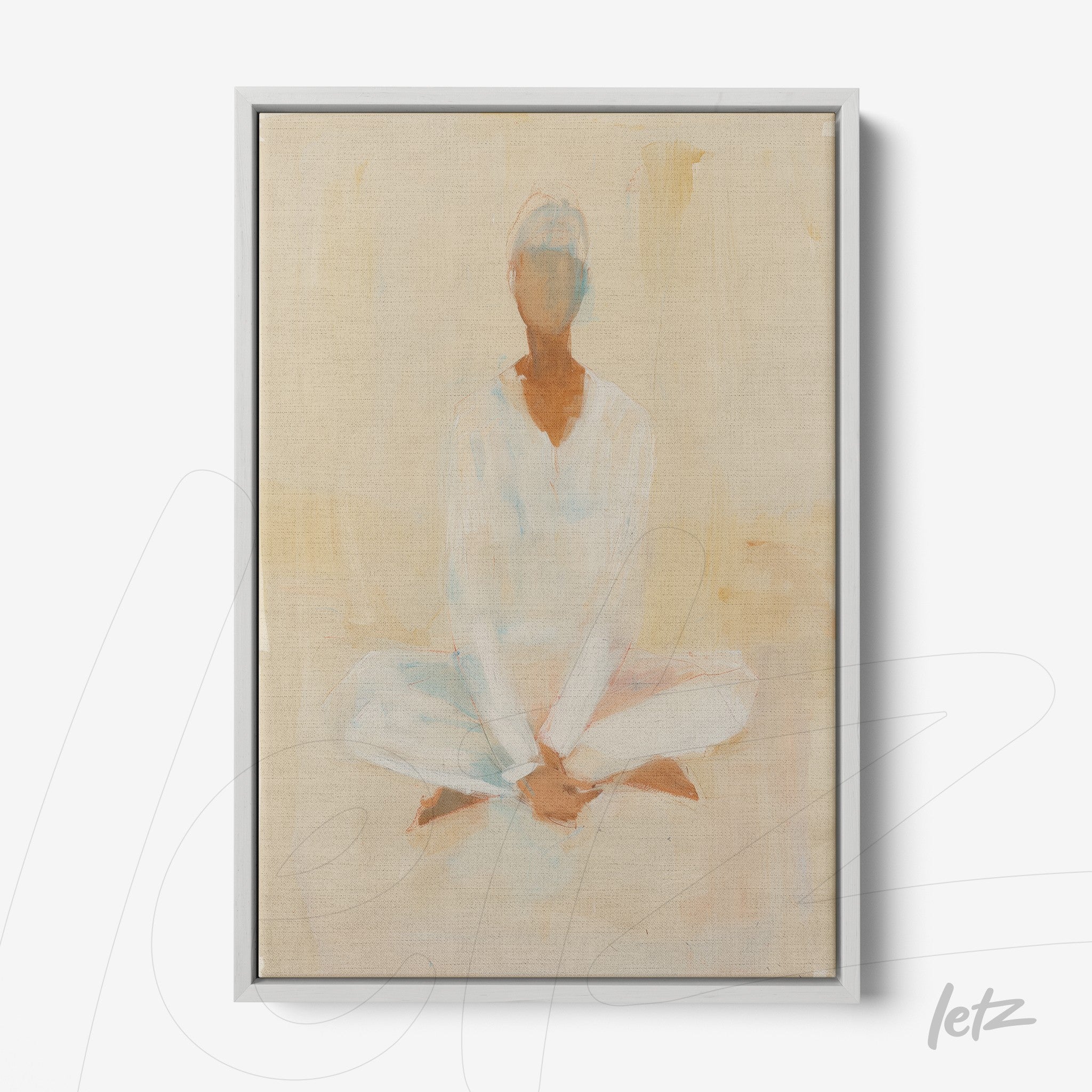 framed artwork of an abstract figure in meditation with soft tones