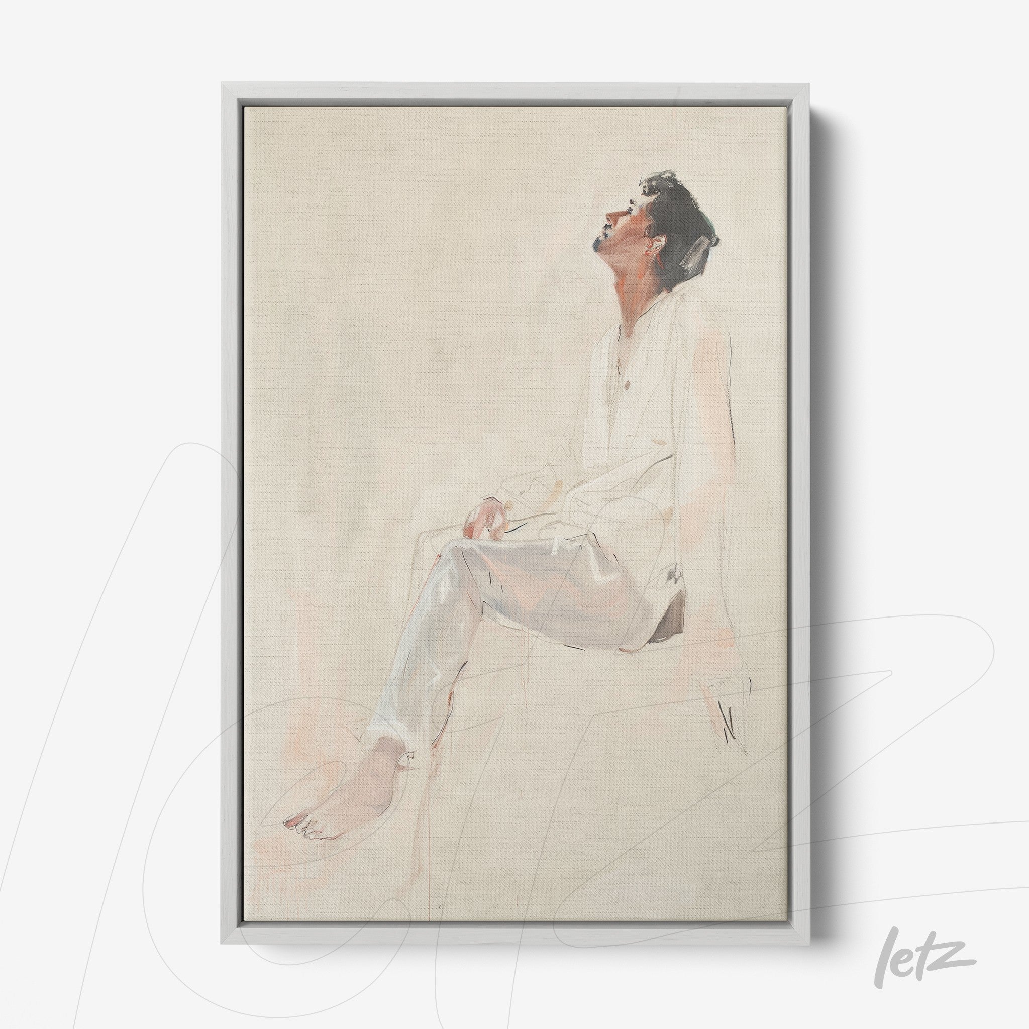 minimalist framed art of a seated human figure in soft tones with light gray frame