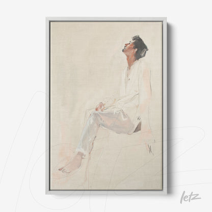 minimalist framed art of a seated human figure in soft tones with light gray frame