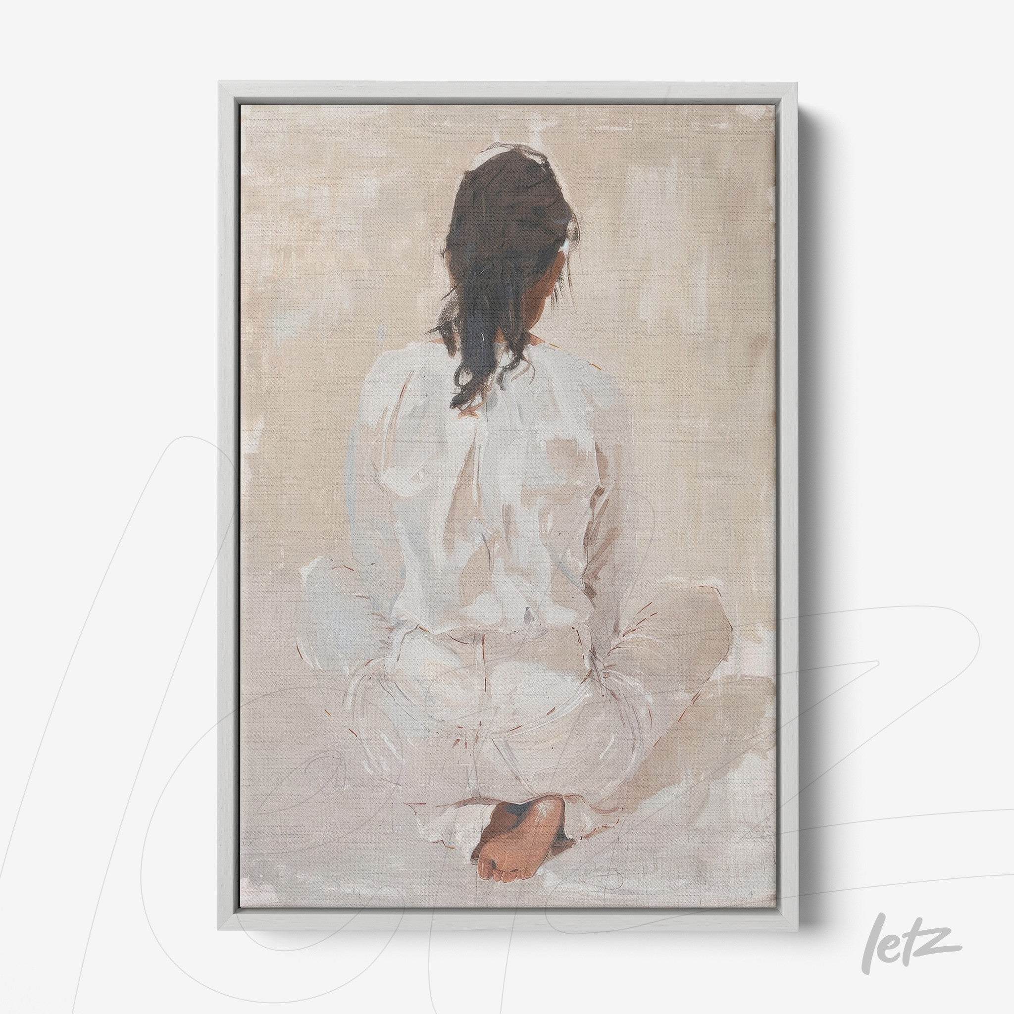 framed artwork depicting a seated human figure from behind with a silver frame and neutral background
