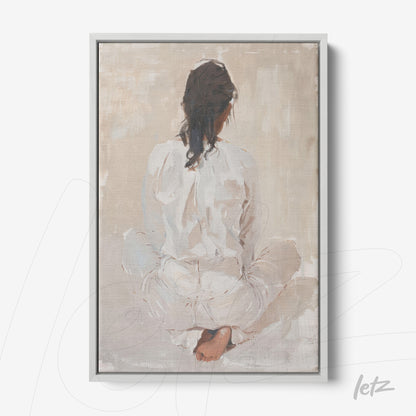 framed artwork depicting a seated human figure from behind with a silver frame and neutral background