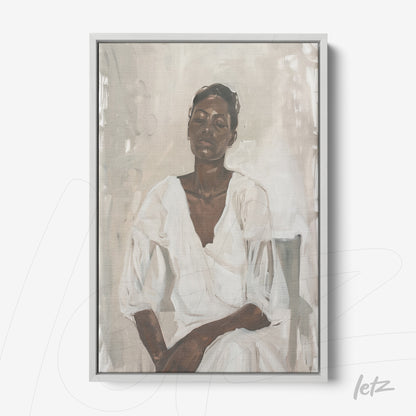 canvas artwork featuring a portrait of a woman in a white dress against a light background and framed in silver