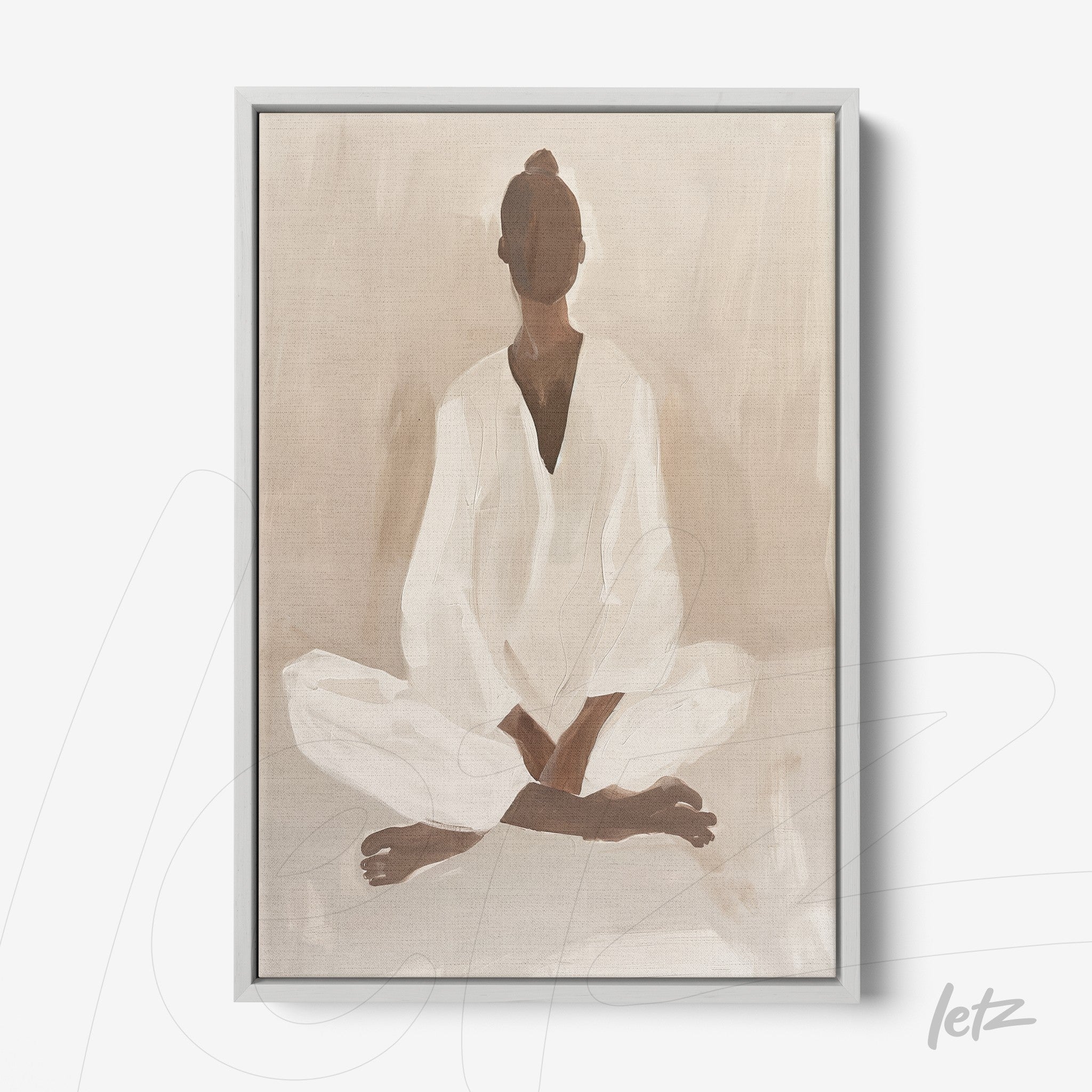 framed minimalist art of a seated figure meditating in beige tones