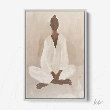 framed minimalist art of a seated figure meditating in beige tones