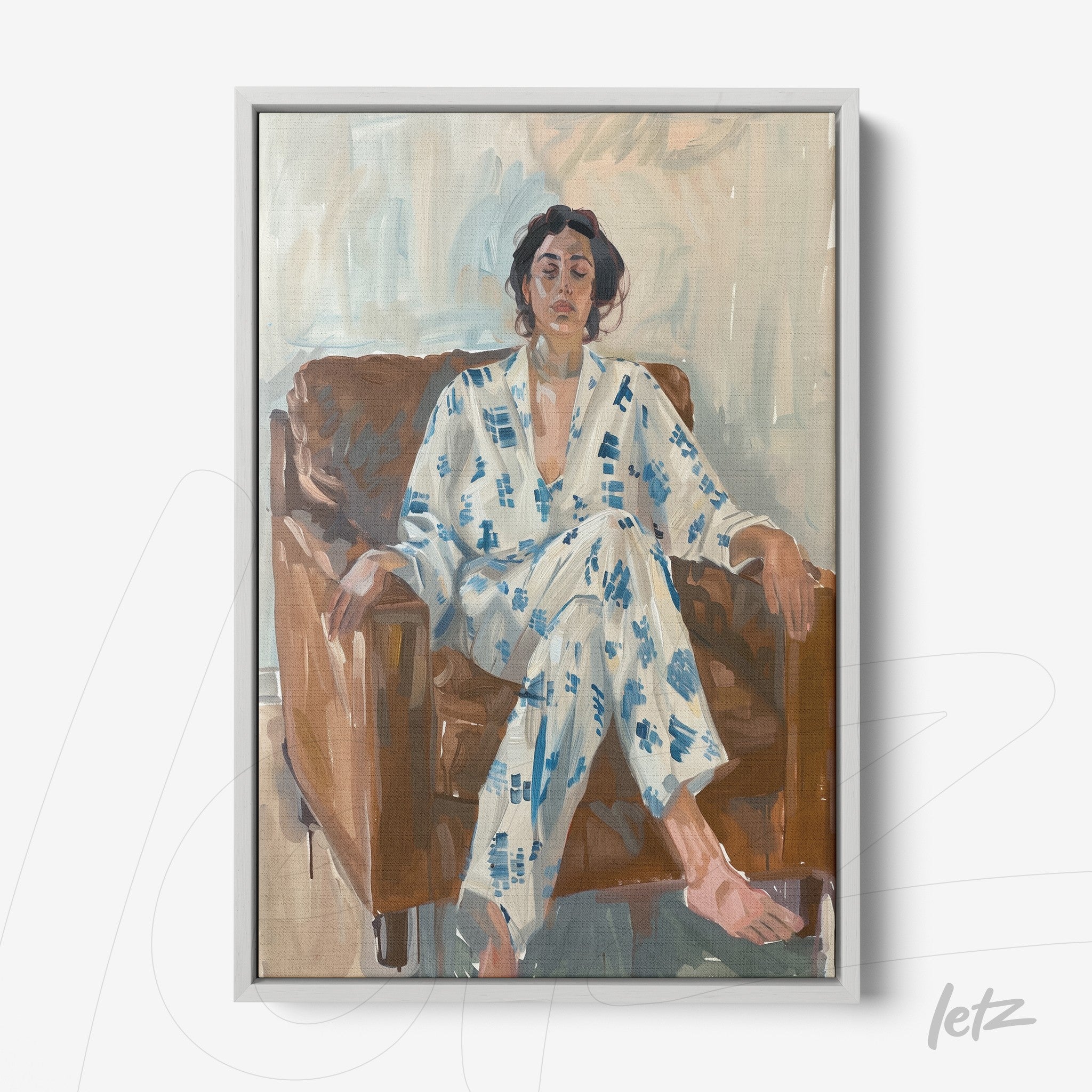 framed artwork of a woman sitting on a brown sofa wearing blue-patterned pajamas against a light background