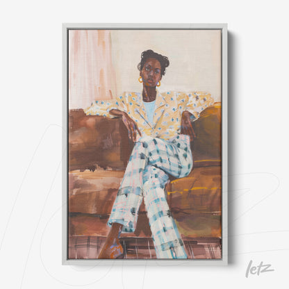contemporary artwork featuring a seated woman on a sofa wearing a yellow floral blazer and checkered pants