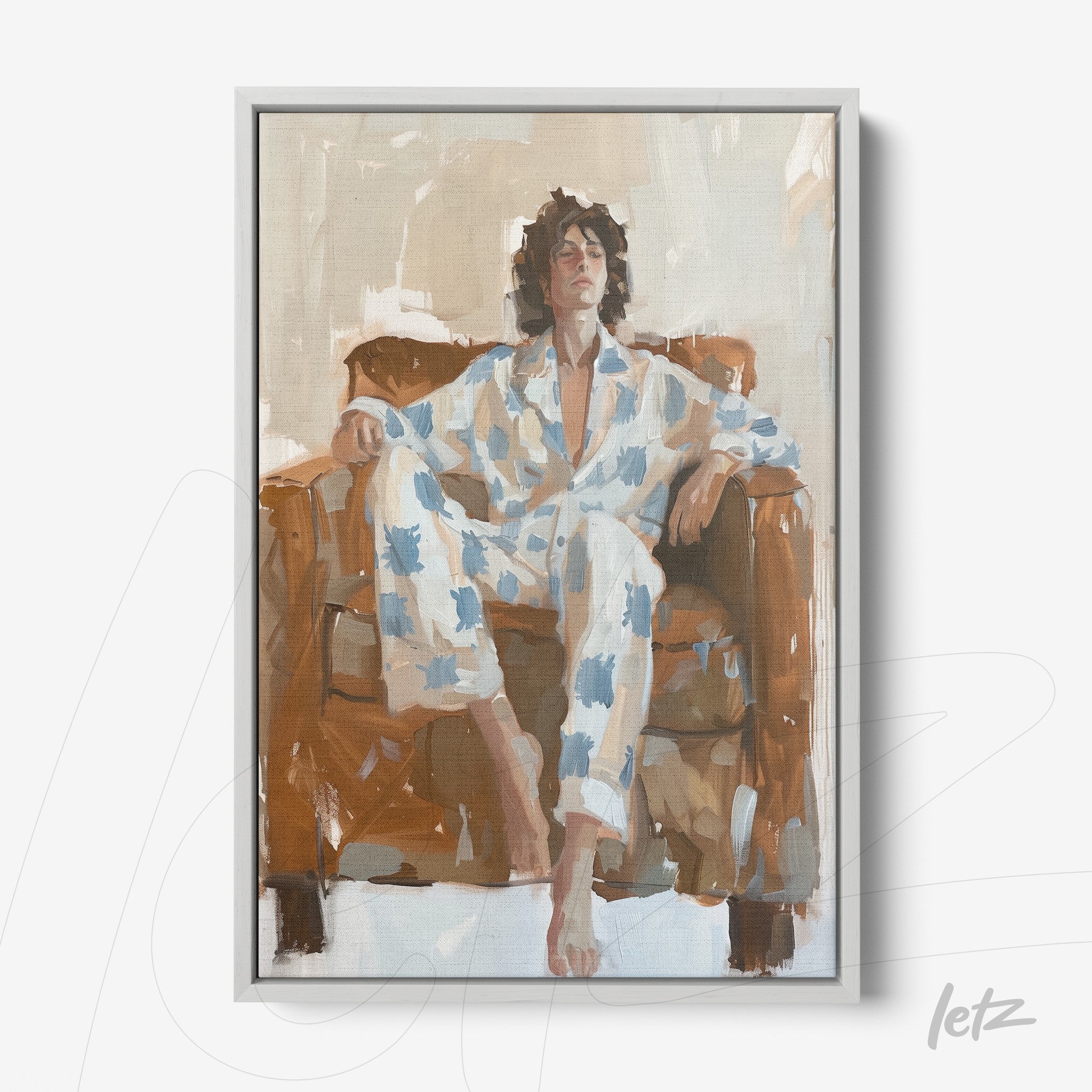 framed contemporary artwork of a man lounging on a couch in pajama set with blue patterns