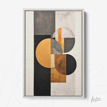 abstract decorative wall art featuring geometric shapes in black, gray, and gold tones with a white frame