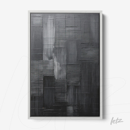 abstract wall art in shades of black with linear texture on smooth background in white frame
