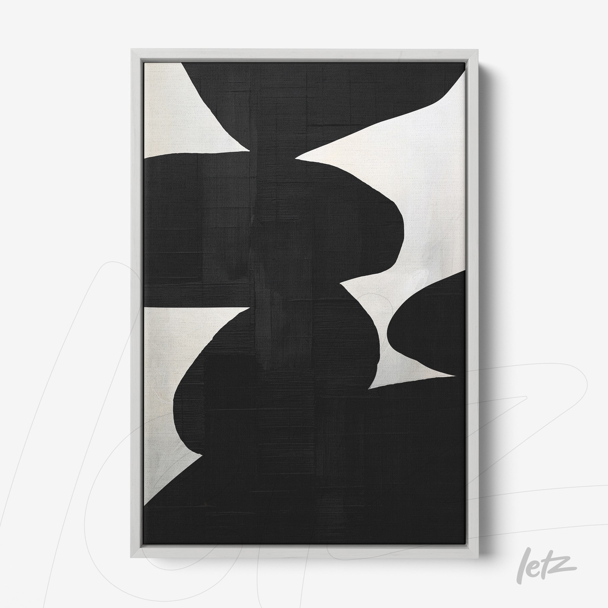 abstract wall art in black and white featuring geometric shapes in a white frame