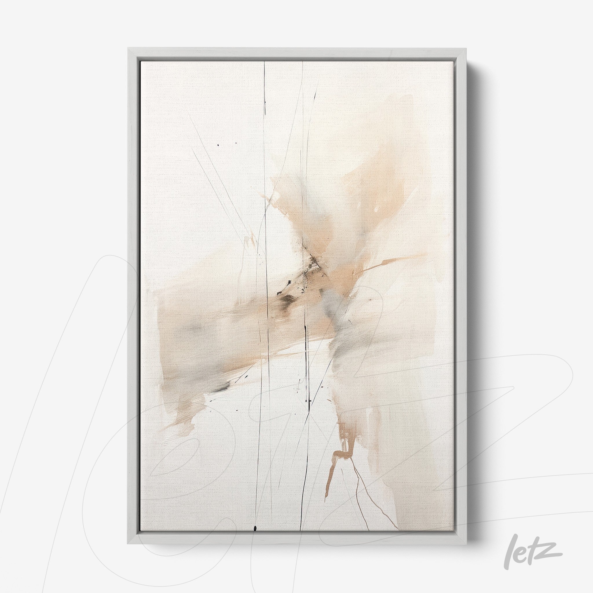 abstract canvas art in neutral tones with soft lines in a light gray frame