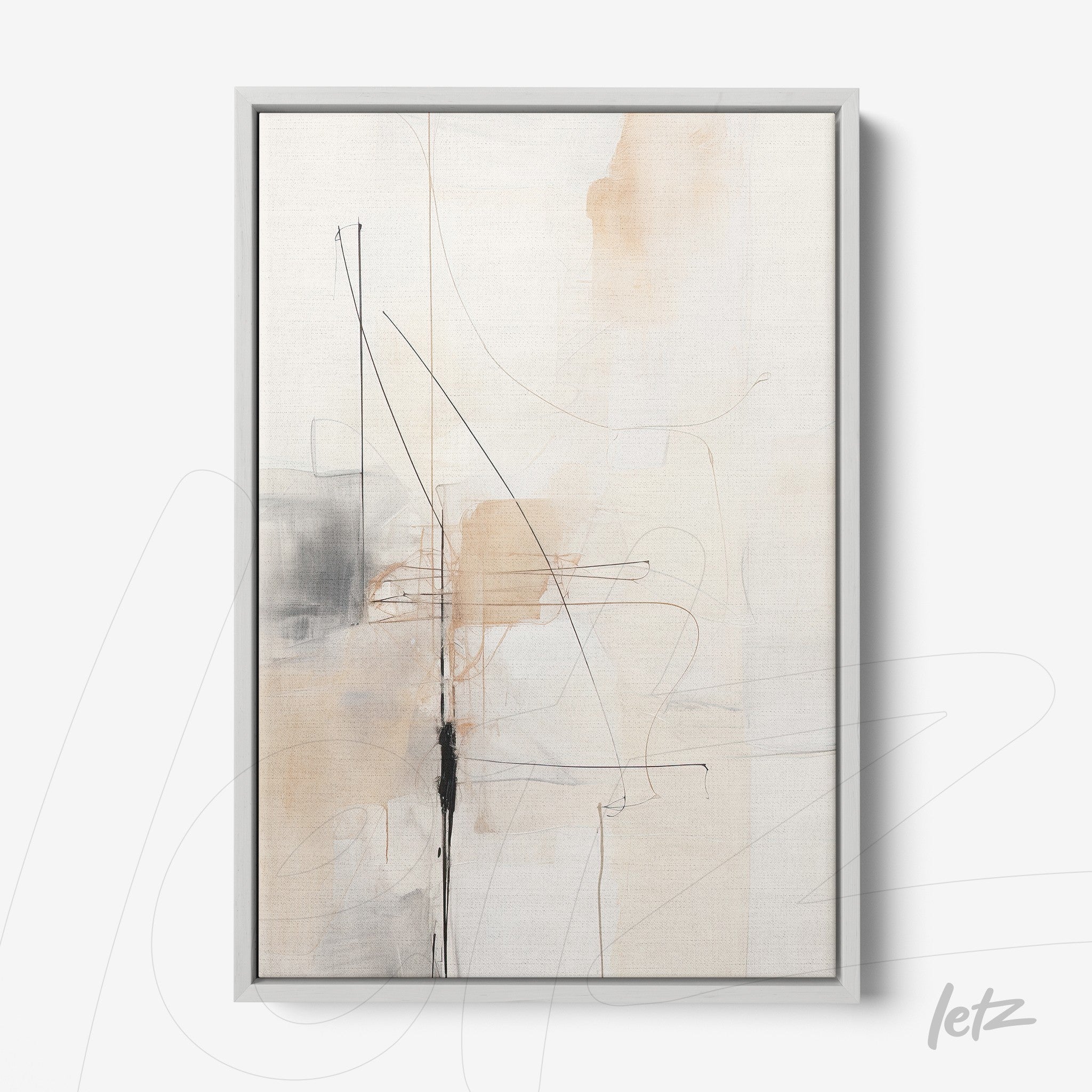 abstract wall art in neutral tones with fine black lines in silver frame