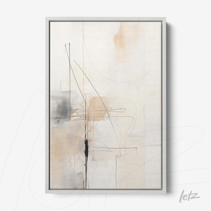 abstract wall art in neutral tones with fine black lines in silver frame