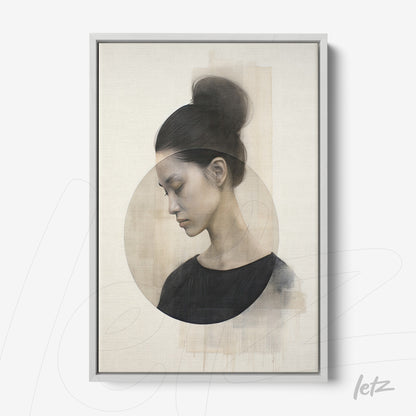 abstract portrait art of a woman in neutral tones framed in silver