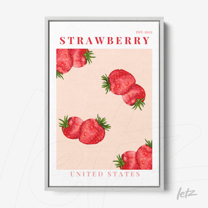 framed art print featuring illustrations of strawberries on a light pink background with a silver frame