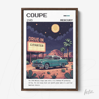framed retro style artwork of a 1949 mercury coupe in front of a lit drive-in under a starry sky