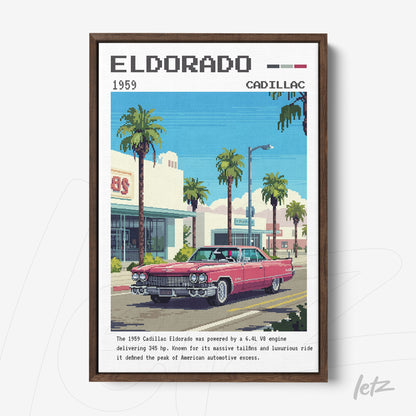 pixel art framed print of a 1959 Cadillac Eldorado parked in front of buildings with palm trees