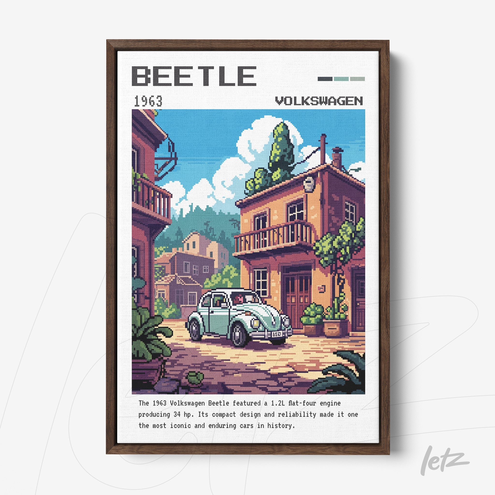 framed pixel art of a 1963 Volkswagen Beetle on a tree-lined street with a brown wooden frame