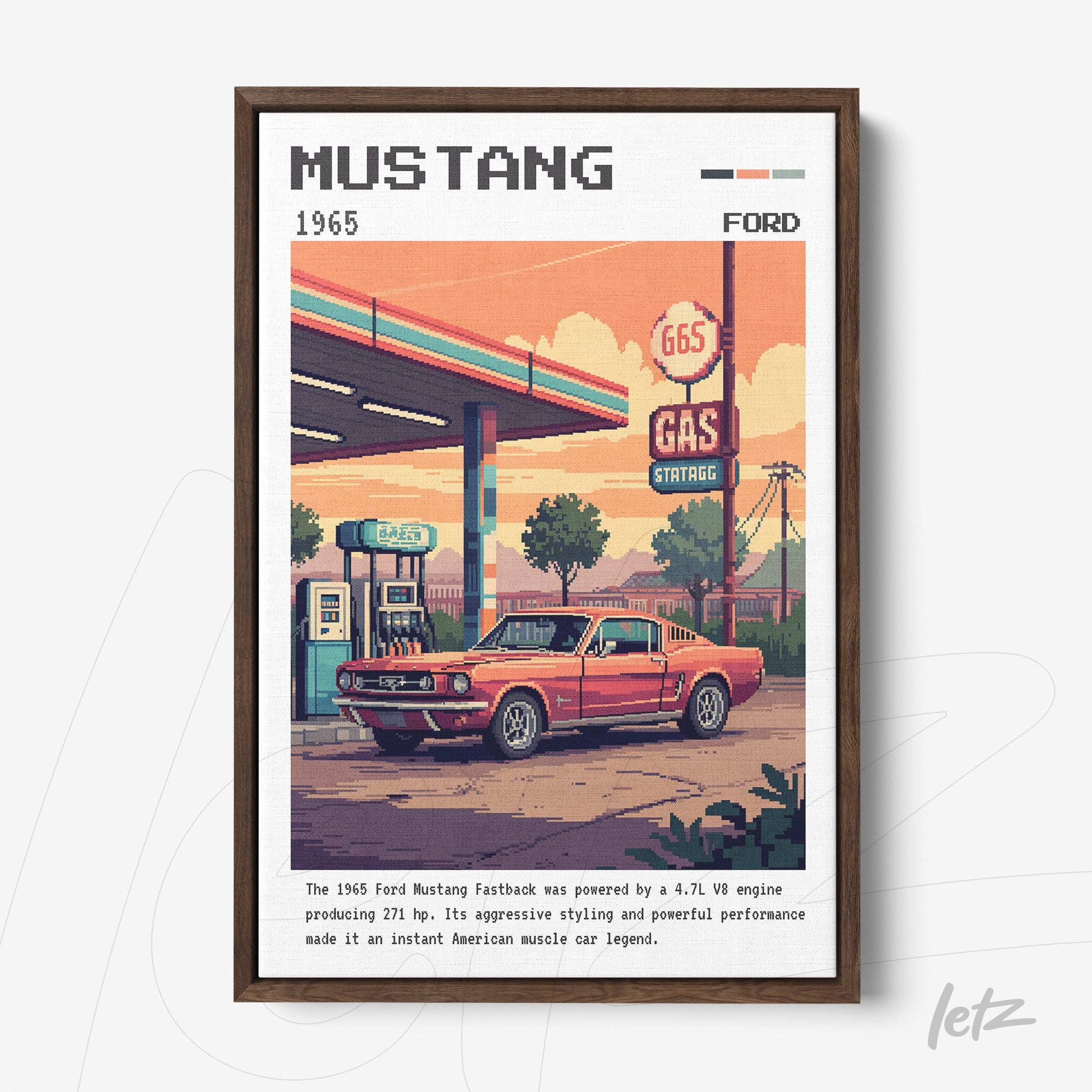pixel art framed print of 1965 Ford Mustang in front of a gas station with dark wooden frame