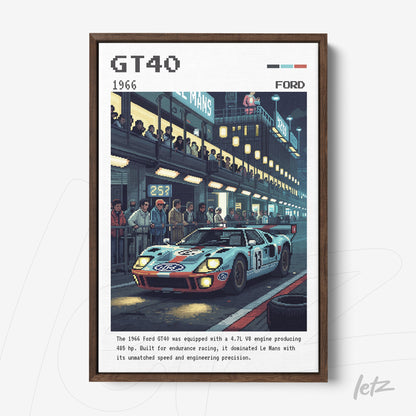 retro style digital art of a Ford GT40 racing car on Le Mans track with dark wood frame